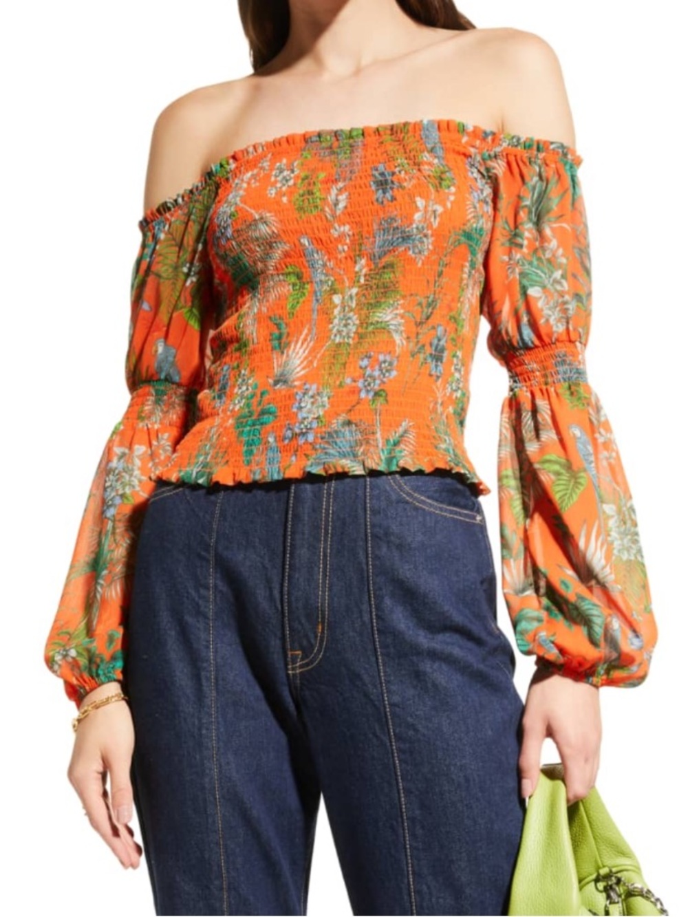 L’agence orange tropical print smocked cece off the shoulder blouse sz xs